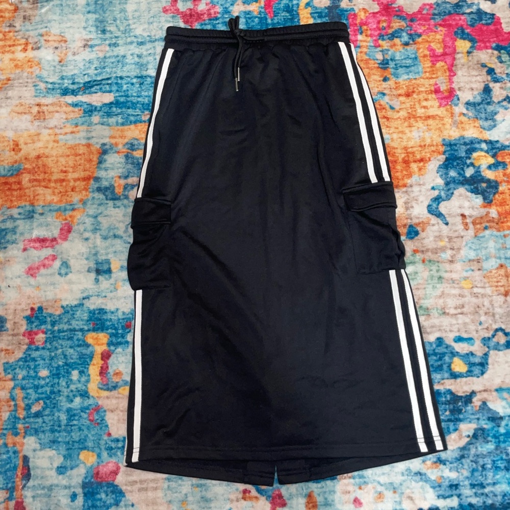 Black Drawstring Athletic Maxi Skirt with Side Stripes